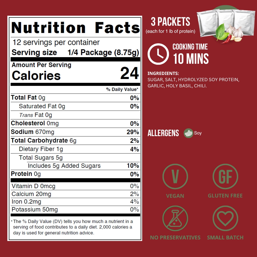 Pad kra pao Nutrition label and product information on a red background