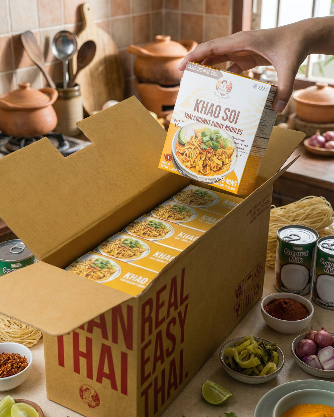 Box of Khao soi 'Real Easy Thai' food products with a hand holding a package above it, set against a kitchen background.