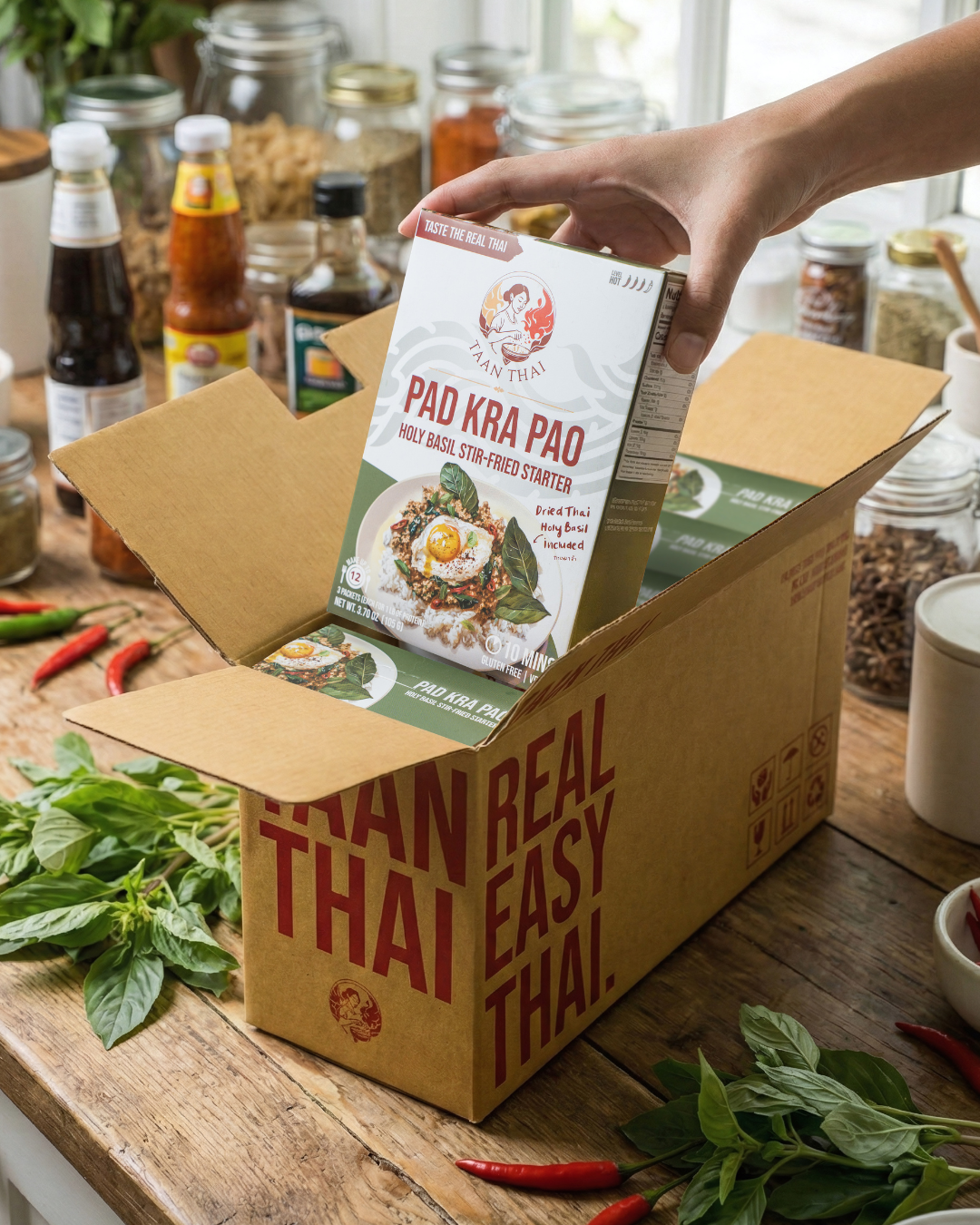 Person opening a box of 'Real Thai' Pad Kra Pad noodles with ingredients on a wooden table.
